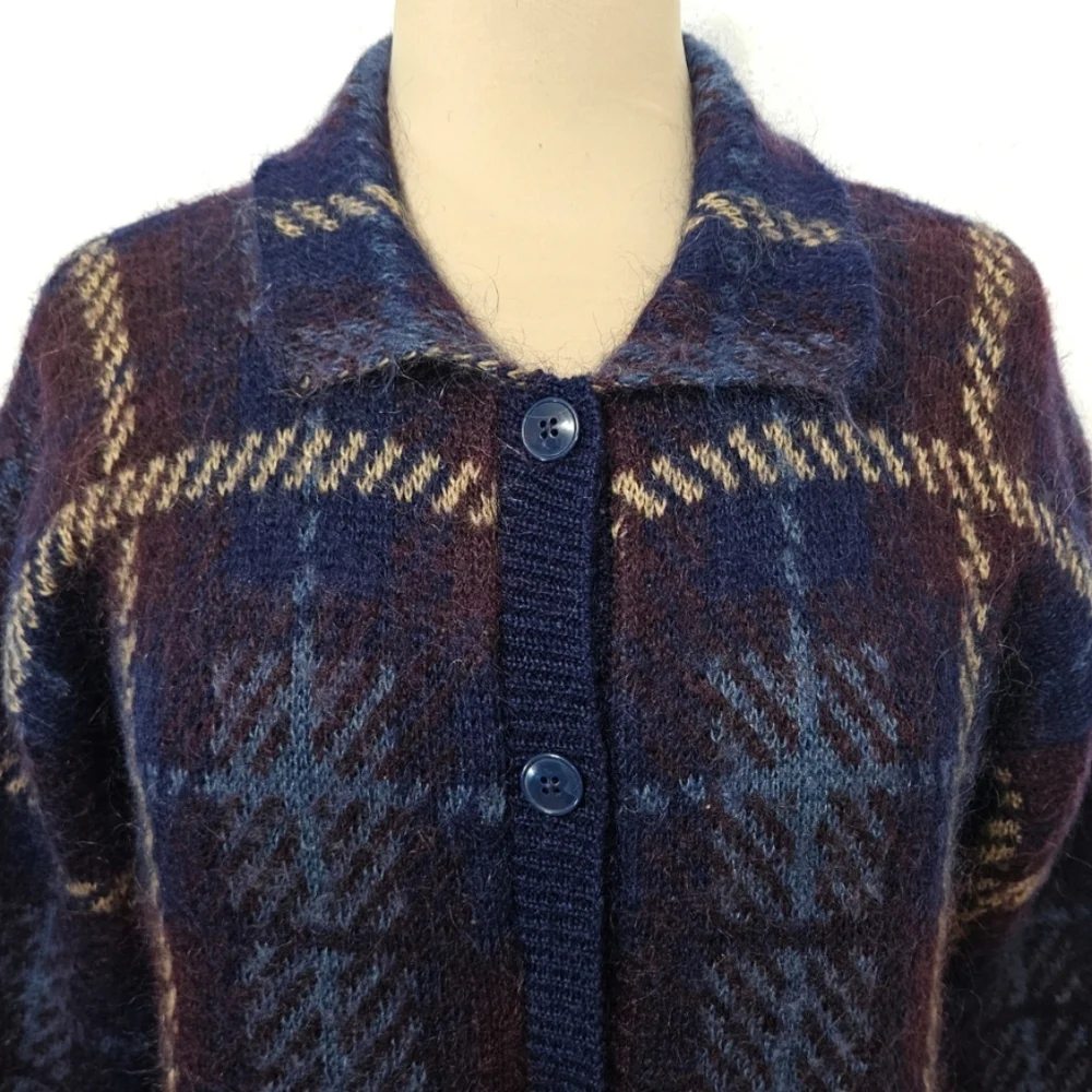 Vintage Mohair Blend Plaid Oversized Cardigan Sweater Navy Burgundy Tan M - Picture 5 of 11